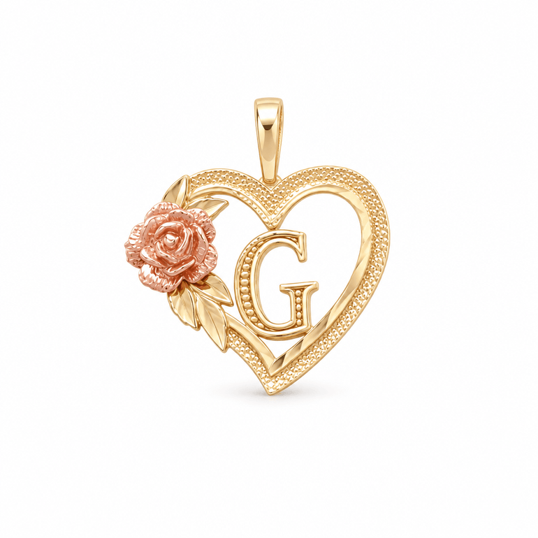 14K Two Tone Yellow/Rose Heart Inicial G Pendant - Miral Jewelry