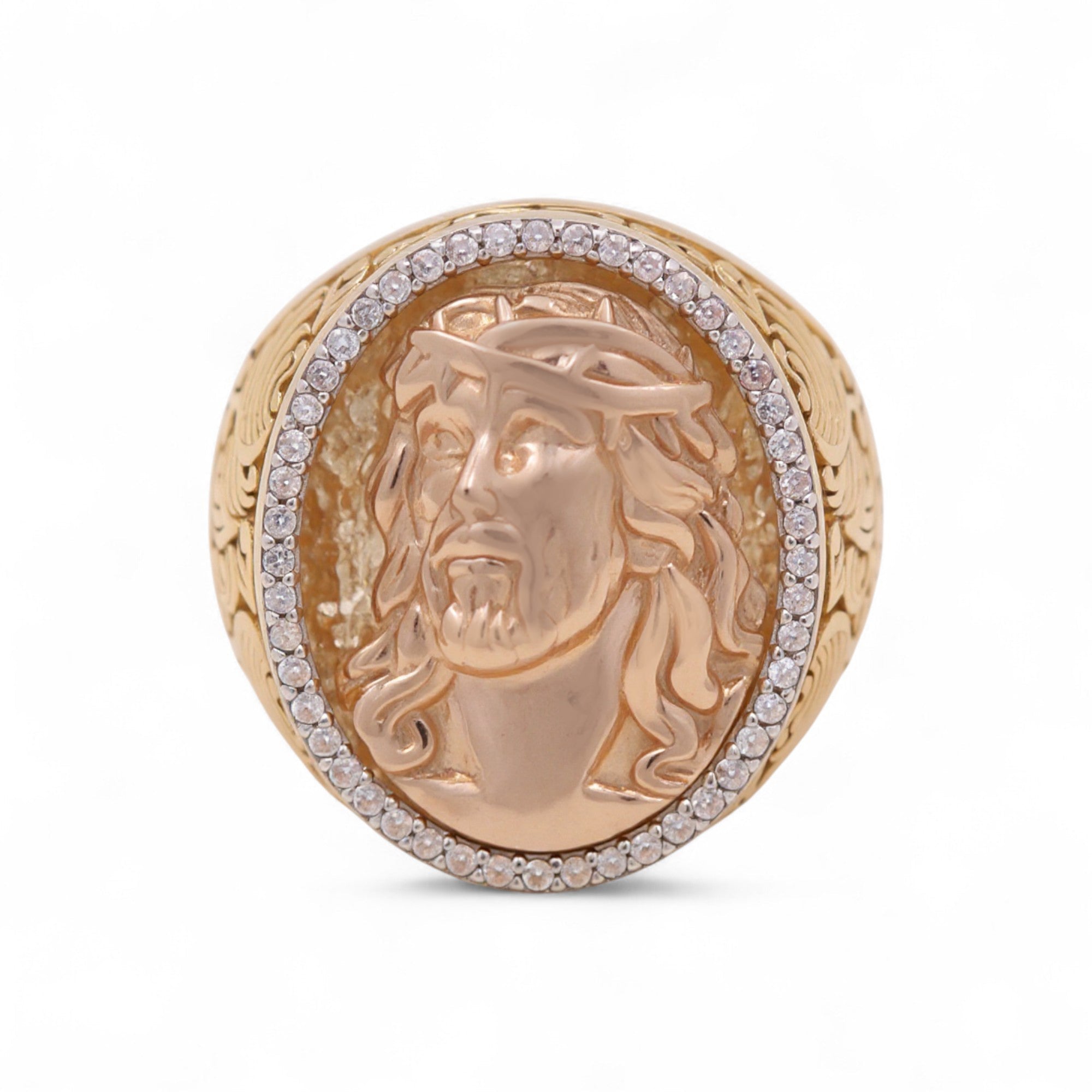 14K Two-Tone Gold Men's Jesus Ring with CZ 13.6 g