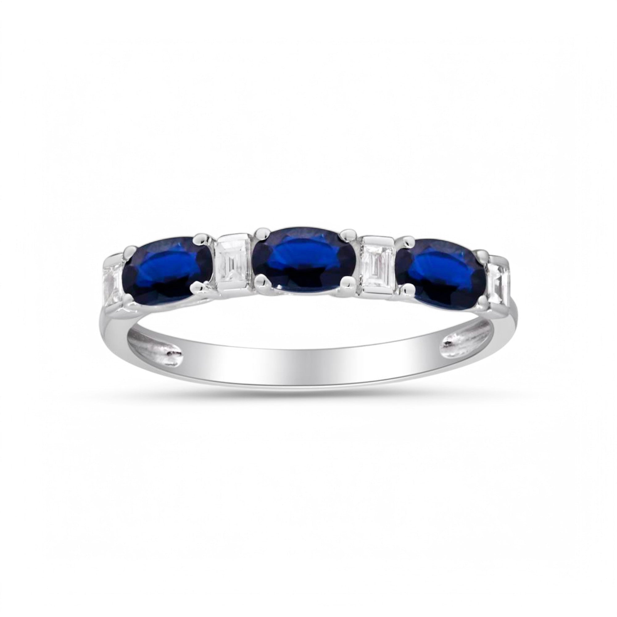 14K White Band Fashion Ring with Oval Sapphires and 0.12Tw Baguette Diamonds - Miral Jewelry
