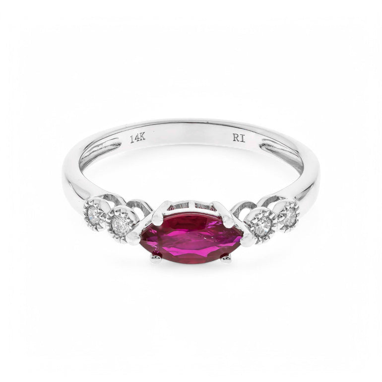 14K White Fashion Ring with 0.68Tw Marquise Rubys and 0.09Tw Round Diamonds - Miral Jewelry