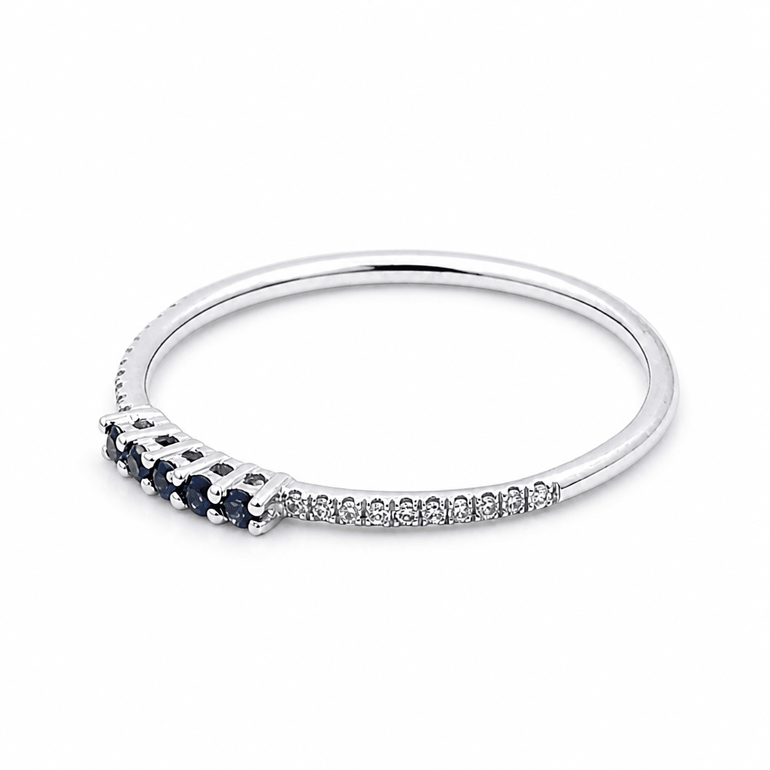 14K White Gold Band Diamond Fashion Ring with 0.06Tw Round Diamonds and 0.07Tw Round Sapphires - Miral Jewelry