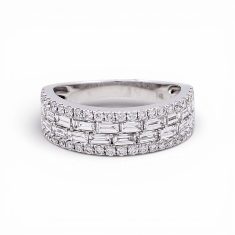 14K White Gold Band Rings with 1.52Tw Baguette Lab Diamonds and Round Lab Diamonds - Miral Jewelry
