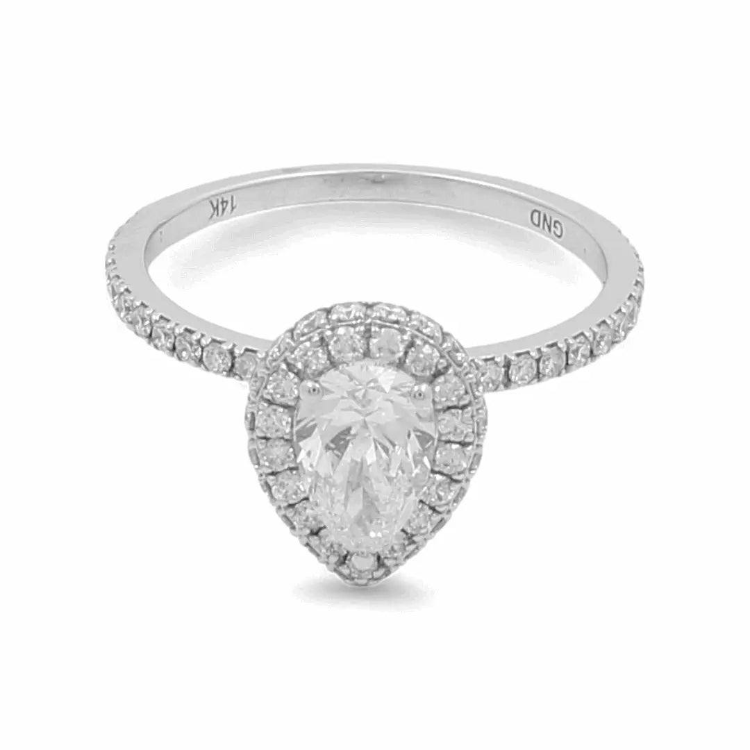 14K White Gold Pear Halo Diamond Engagement Ring 1 1/4 ct tw, Certified