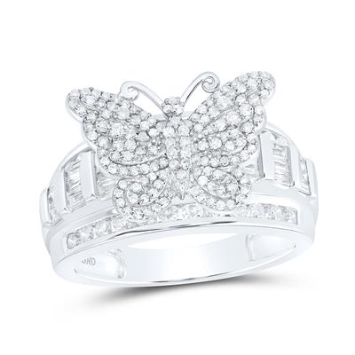 14K White Gold Butterfly Diamond Fashion Ring with 1.00Tw Baguette and Round Diamonds - Miral Jewelry