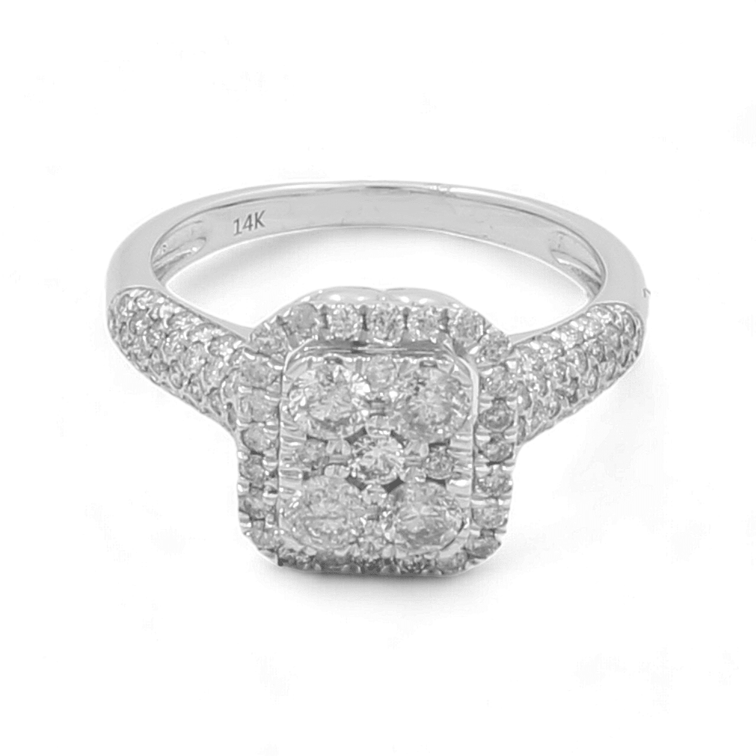 14K White Gold Rectangular Cluster Diamond Engagement Ring 1.33 ct tw