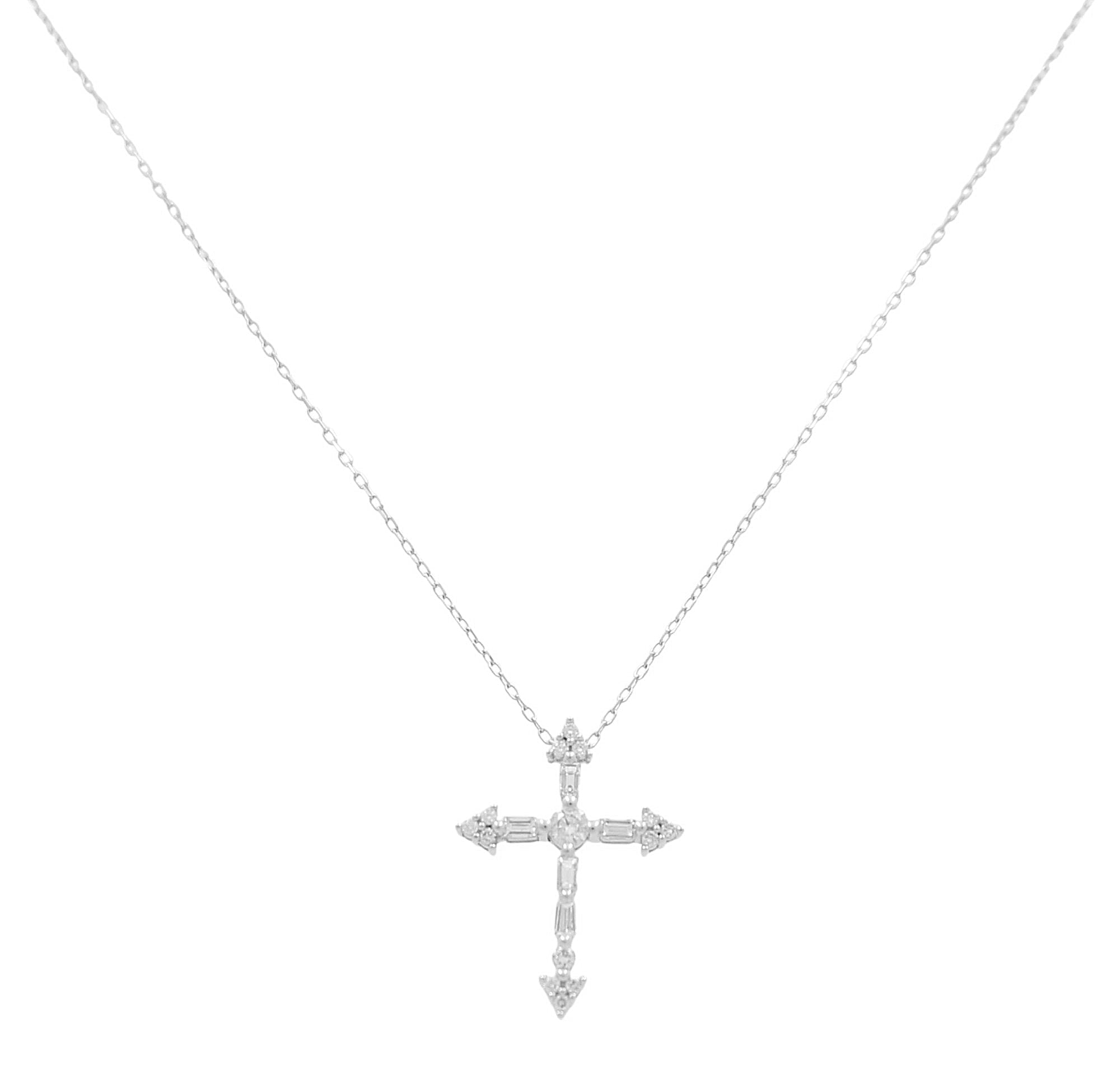 14K White Gold Baguette & Round Diamond Cross Necklace 0.40 ct tw
