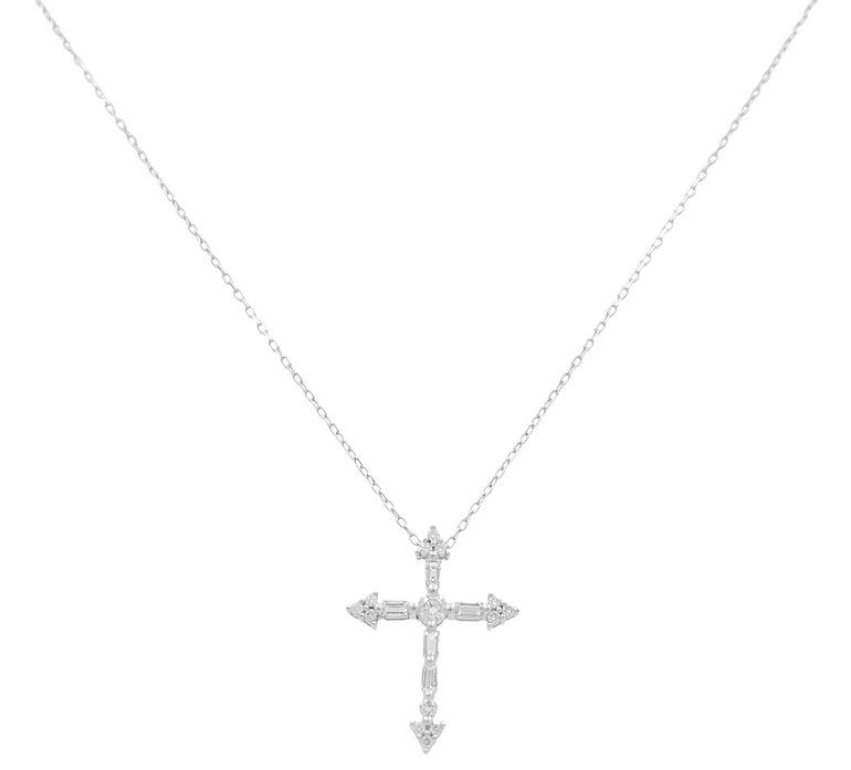 14k White Gold Cross Diamond Necklace with 0.20 Tw Baguette Diamonds and 0.20 Tw Round Diamonds - Miral Jewelry