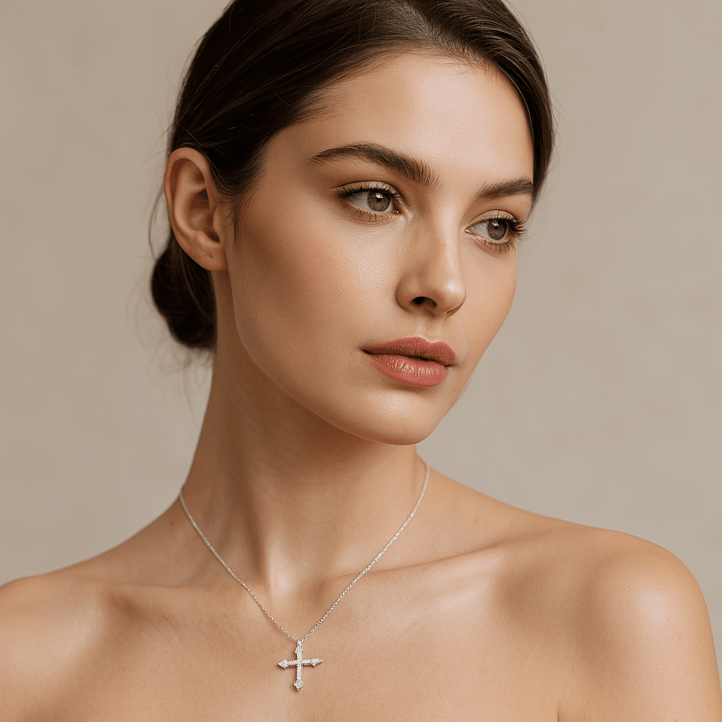 14K White Gold Baguette & Round Diamond Cross Necklace 0.40 ct tw – view 2