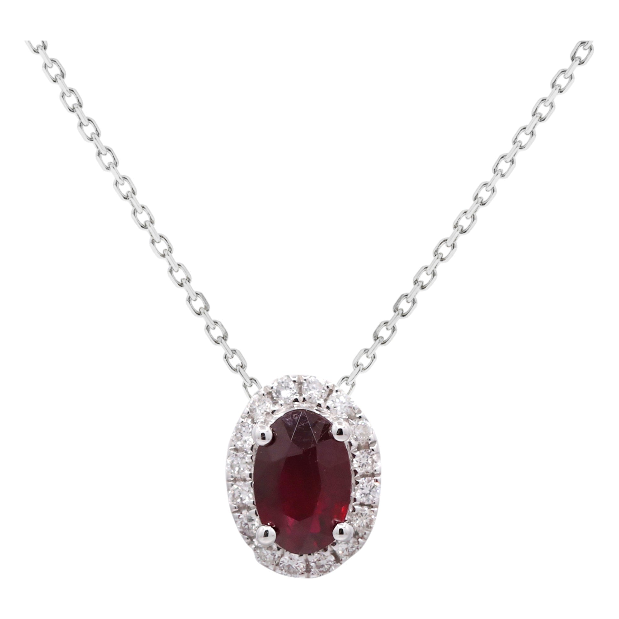 14K White Gold Fancy Link Diamond Necklace with One Oval Ruby and 0.09 Tw Round Diamonds - Miral Jewelry