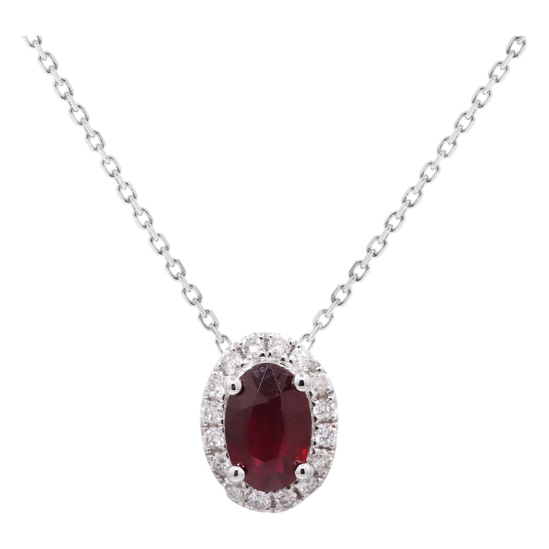 14K White Gold Fancy Link Diamond Necklace with One Oval Ruby and 0.09 Tw Round Diamonds - Miral Jewelry