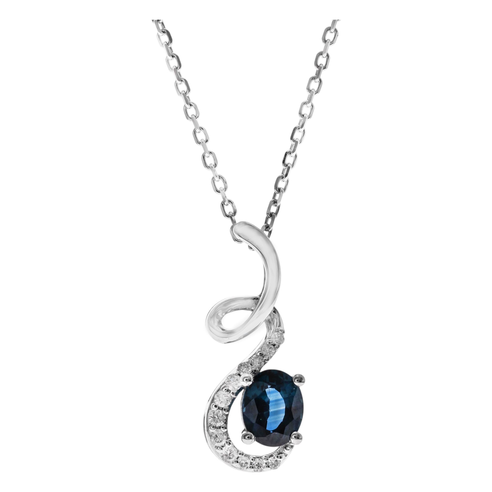 14K White Gold Oval Sapphire Swirl Necklace with Diamonds 18in
