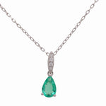 14K White Gold Fancy Link Diamond Necklace with One Pear Emerald and 0.05 Tw Round Diamonds - Miral Jewelry