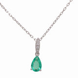 14K White Gold Fancy Link Diamond Necklace with One Pear Emerald and 0.05 Tw Round Diamonds - Miral Jewelry