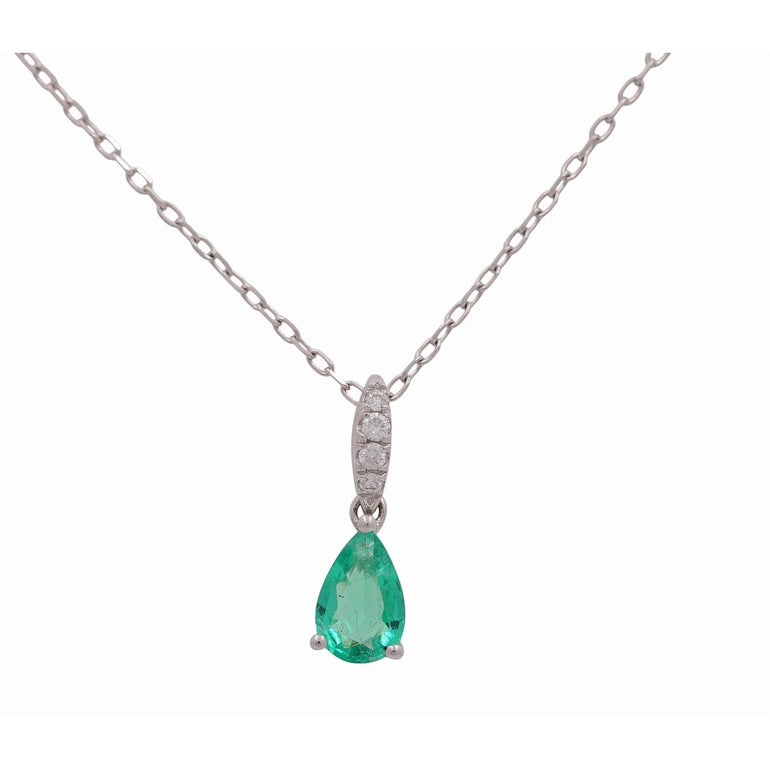 14K White Gold Pear Emerald Drop Necklace with Diamonds 18in