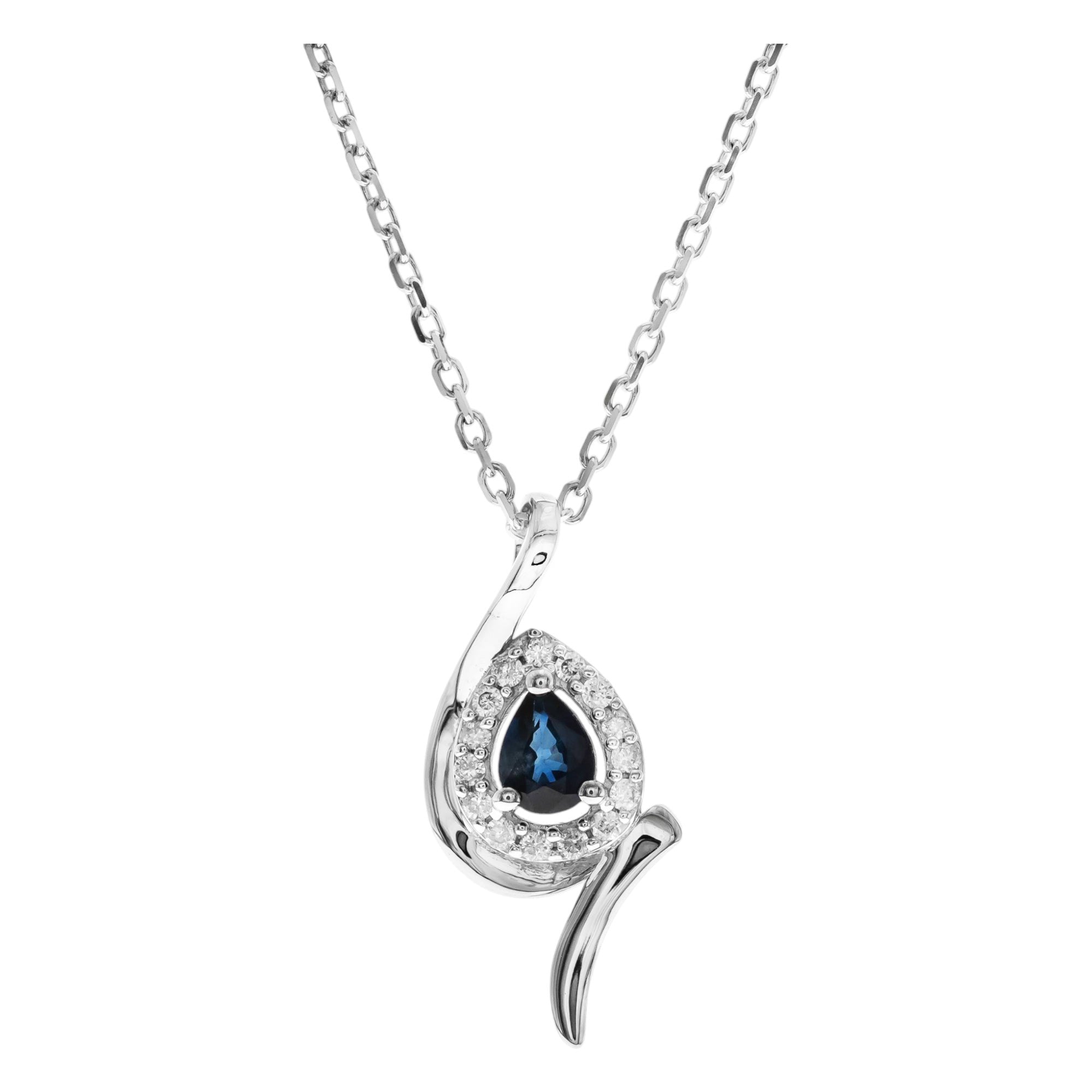 14K White Gold Pear Sapphire Swirl Necklace with Diamonds 18in