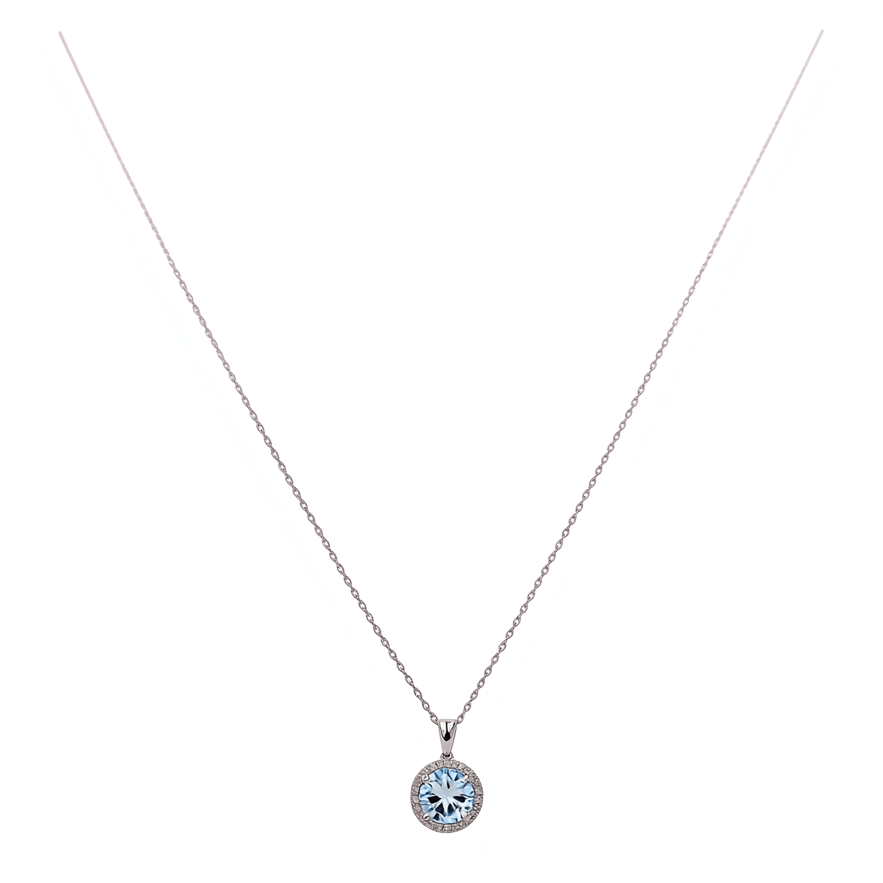 14K White Gold Round Aquamarine & Diamond Halo Necklace 16in