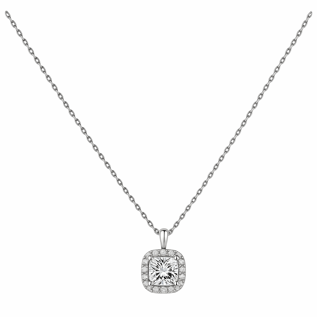 14K White Gold Cushion Aquamarine & Diamond Halo Necklace 18in