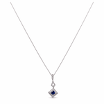 14K White Gold Fancy Necklace 18" with 0.28Tw Round Diamonds and 0.32Tw square Cushion Sapphire - Miral Jewelry