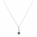 14K White Gold Fancy Necklace 18" with 0.28Tw Round Diamonds and 0.32Tw square Cushion Sapphire - Miral Jewelry