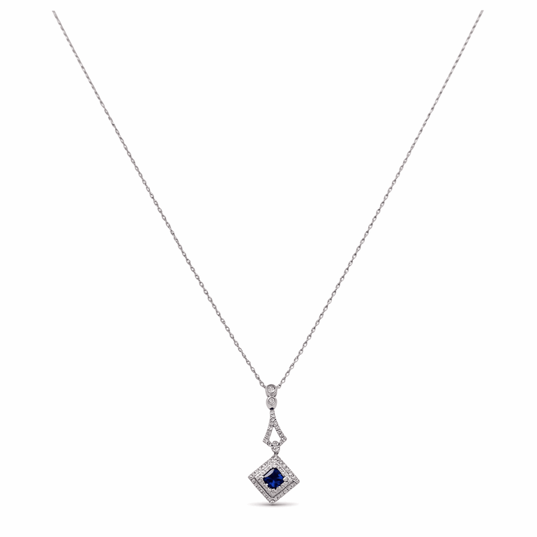 14K White Gold Fancy Necklace 18" with 0.28Tw Round Diamonds and 0.32Tw square Cushion Sapphire - Miral Jewelry