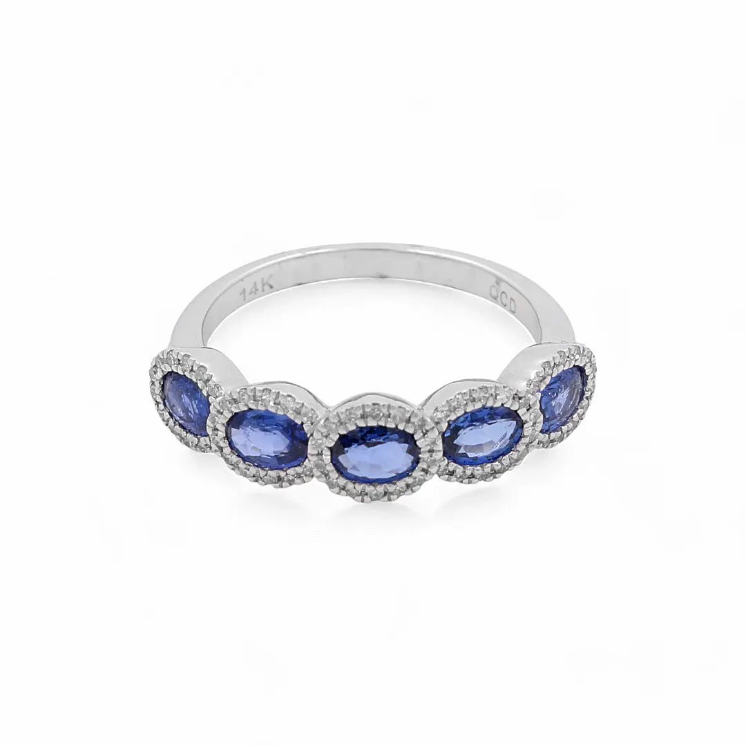 14K White Gold Five Oval Sapphire Halo Band