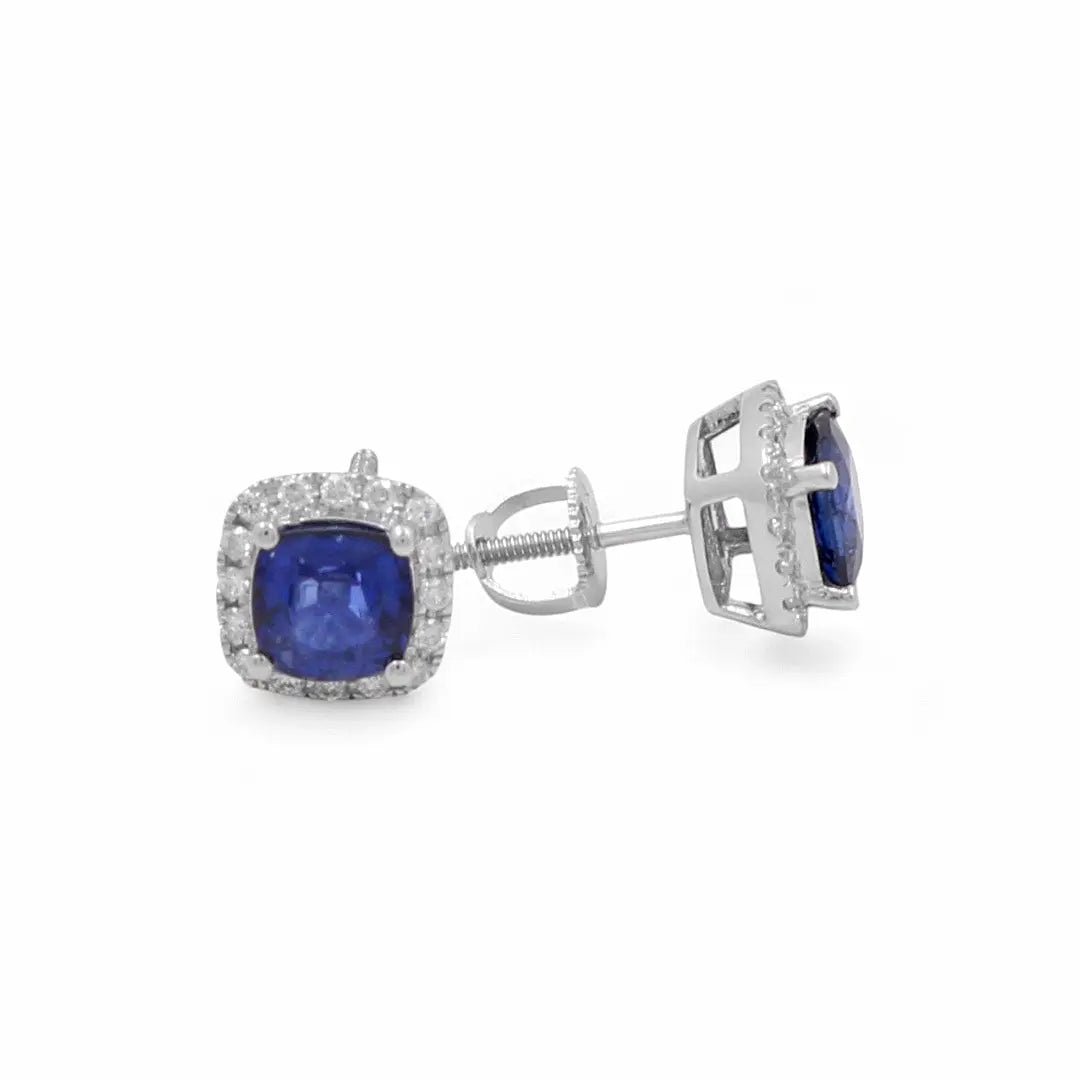 14K White Gold Cushion Sapphire & Diamond Halo Stud Earrings
