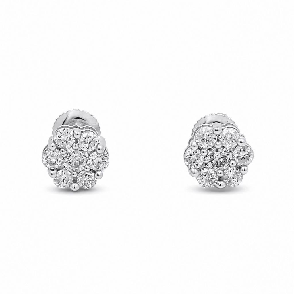 14K White Gold Flower Diamond Earrings with 0.50Tw Round Diamonds - Miral Jewelry