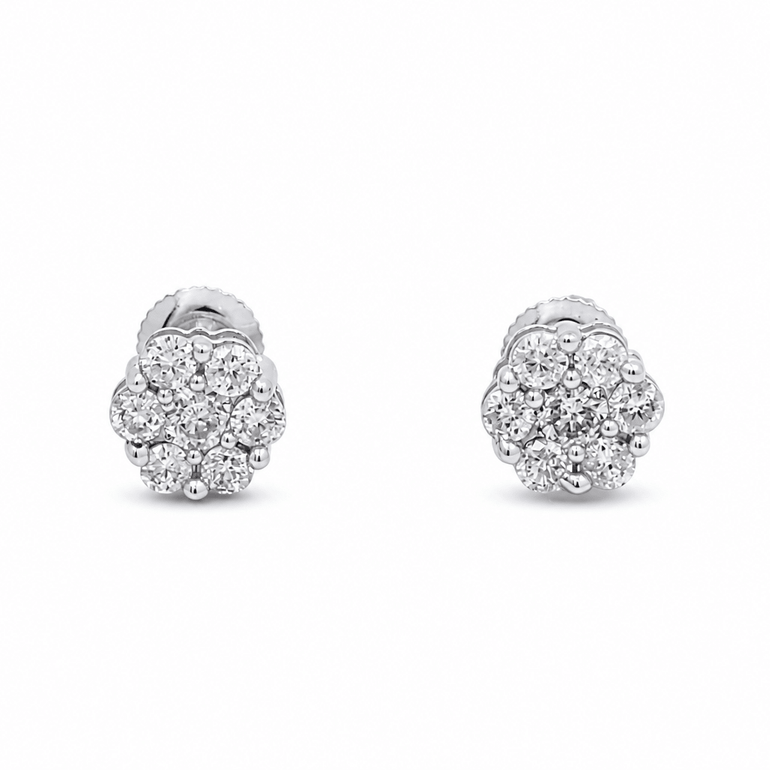 14K White Gold Flower Diamond Earrings with 0.50Tw Round Diamonds - Miral Jewelry
