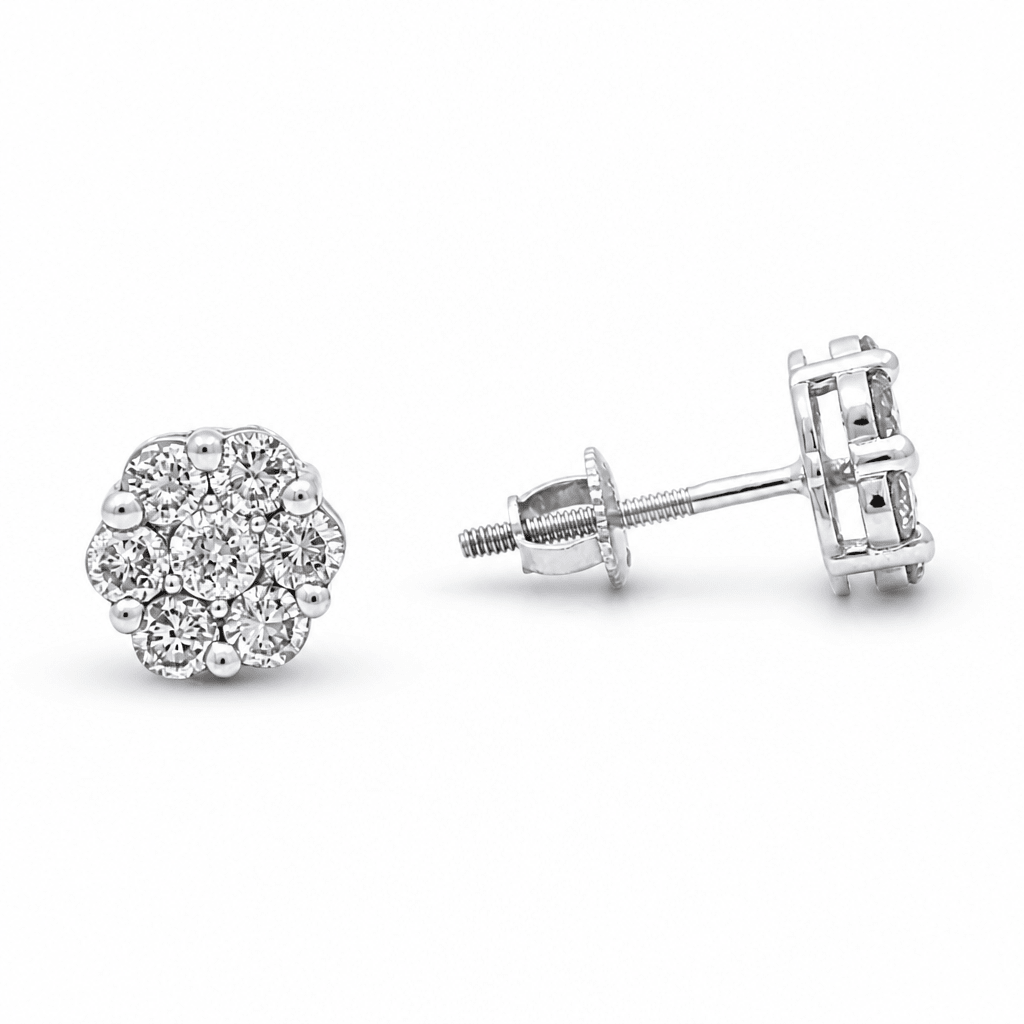 14K White Gold Flower Diamond Earrings with 1.00Tw Round Diamonds - Miral Jewelry