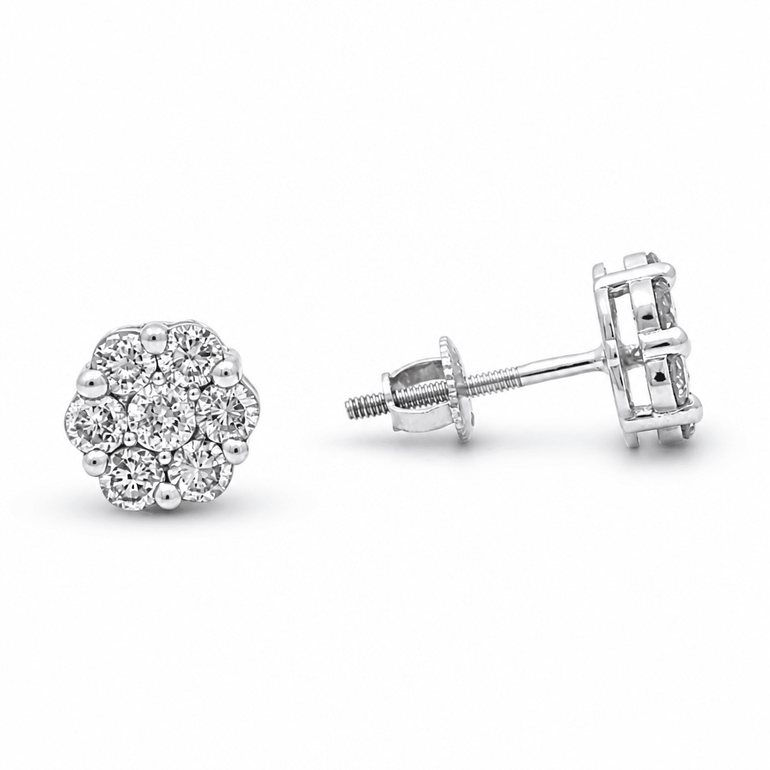 14K White Gold Flower Diamond Earrings with 1.00Tw Round Diamonds - Miral Jewelry