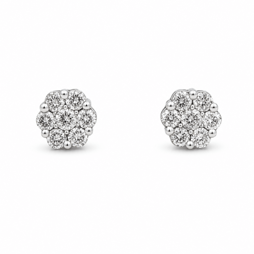 14K White Gold Flower Diamond Earrings with 1.00Tw Round Diamonds - Miral Jewelry
