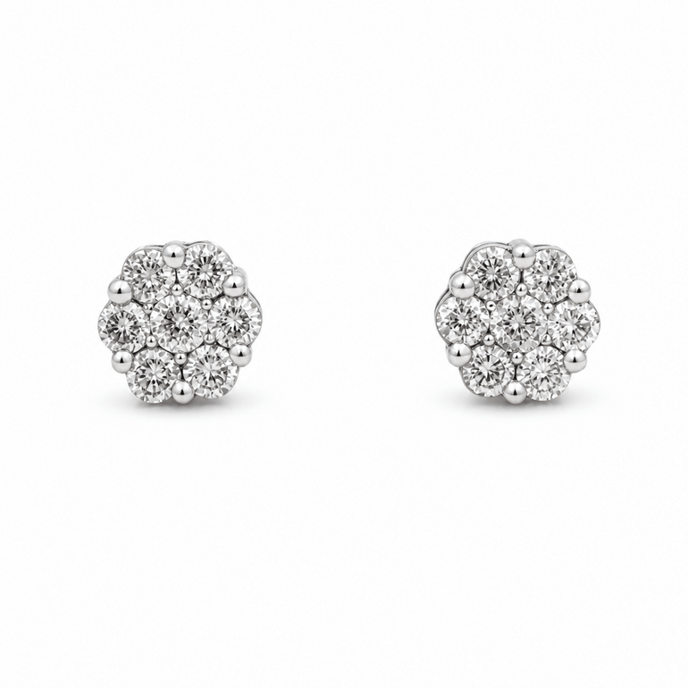 14K White Gold Flower Diamond Earrings with 1.00Tw Round Diamonds - Miral Jewelry