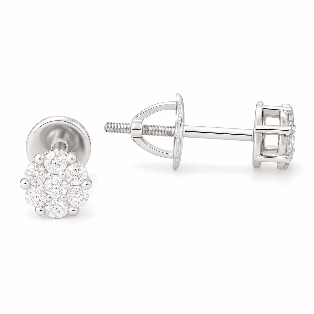 14K White Gold Flower Stud Diamond Earrings with 0.45Tw Round Diamonds - Miral Jewelry