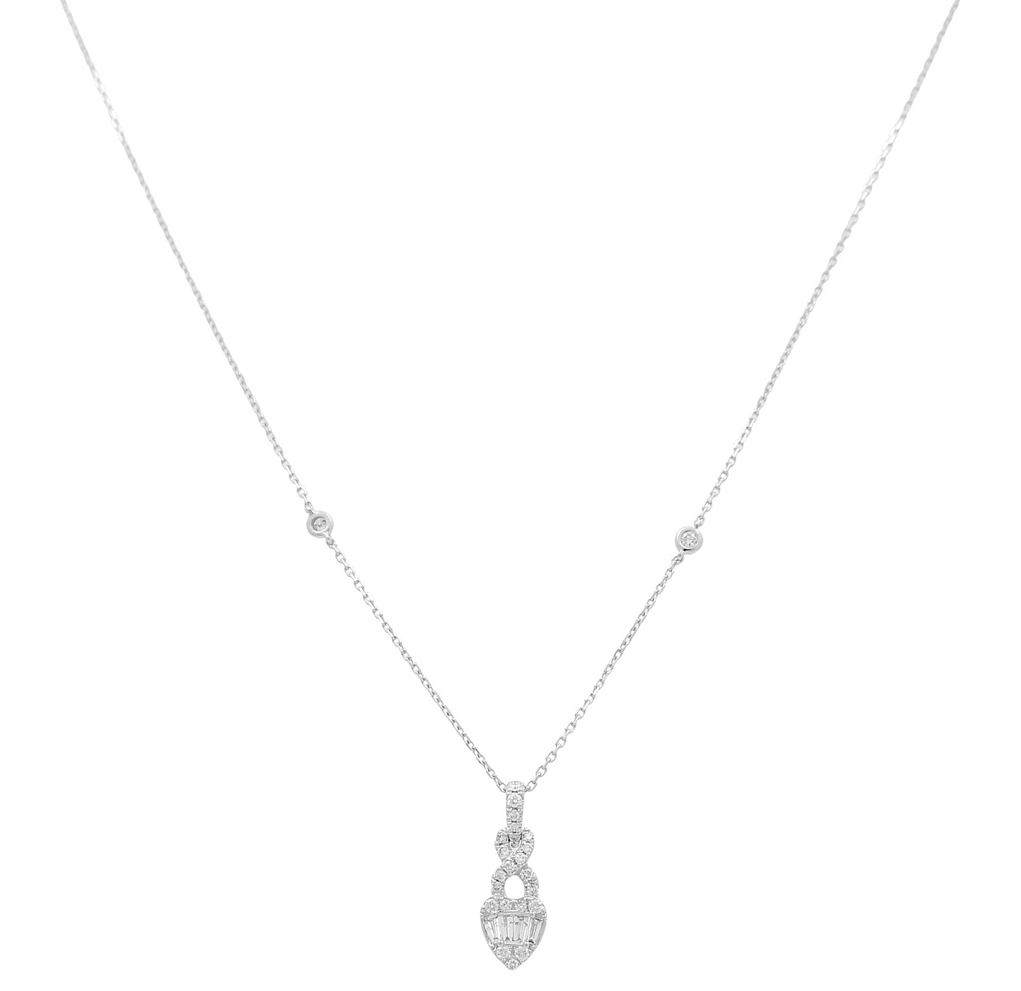 14K White Gold Baguette & Round Diamond Drop Necklace 18in