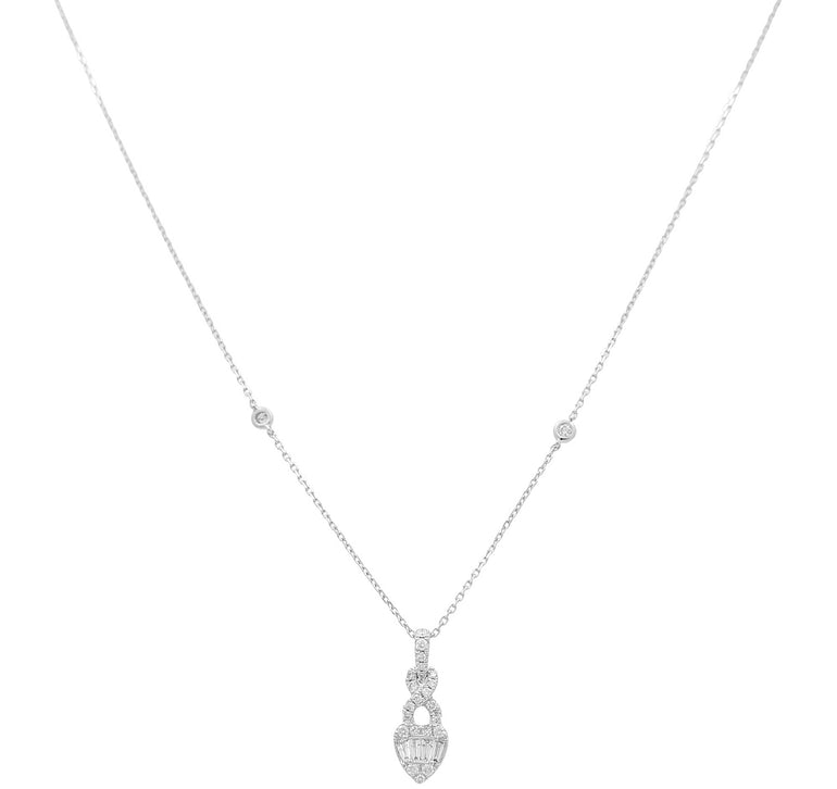 14k White Gold Heart Diamond Necklace 18" with 0.15Tw Baguette Diamonds and 0.26Tw Round Diamonds - Miral Jewelry