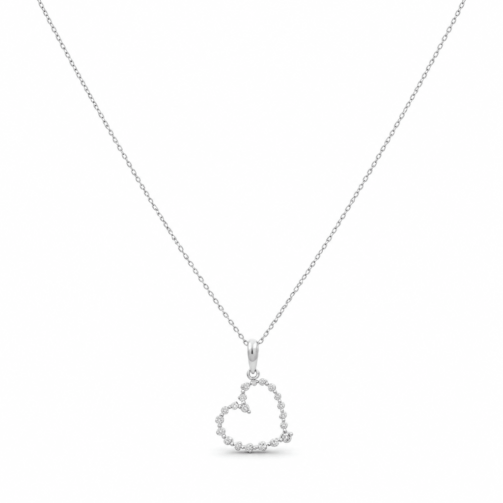 14k White Gold Heart Diamond Necklace 18" with 0.25Tw Round Diamonds - Miral Jewelry
