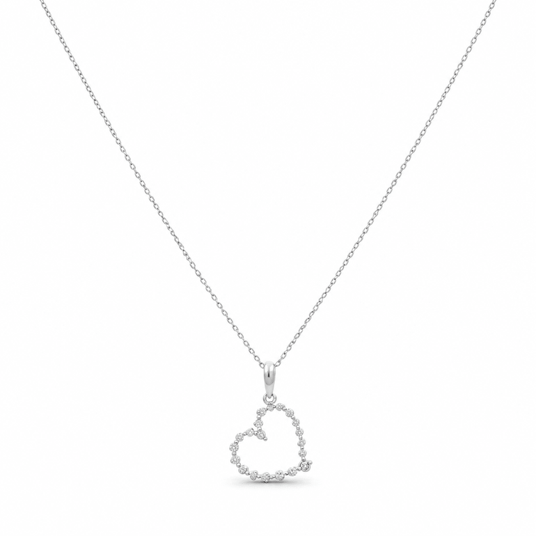 14k White Gold Heart Diamond Necklace 18" with 0.25Tw Round Diamonds - Miral Jewelry