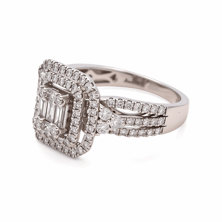 14K White Gold Modern Diamond Bridal Set Ring with 1.20Tw Round and Baguette Diamonds - Miral Jewelry