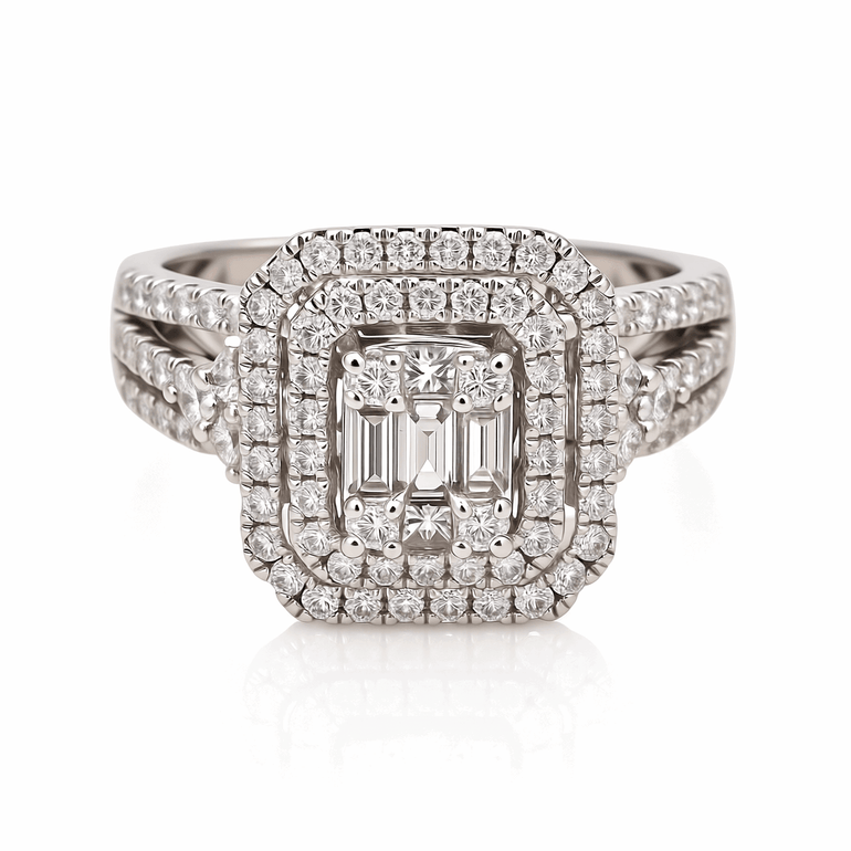 14K White Gold Modern Diamond Bridal Set Ring with 1.20Tw Round and Baguette Diamonds - Miral Jewelry