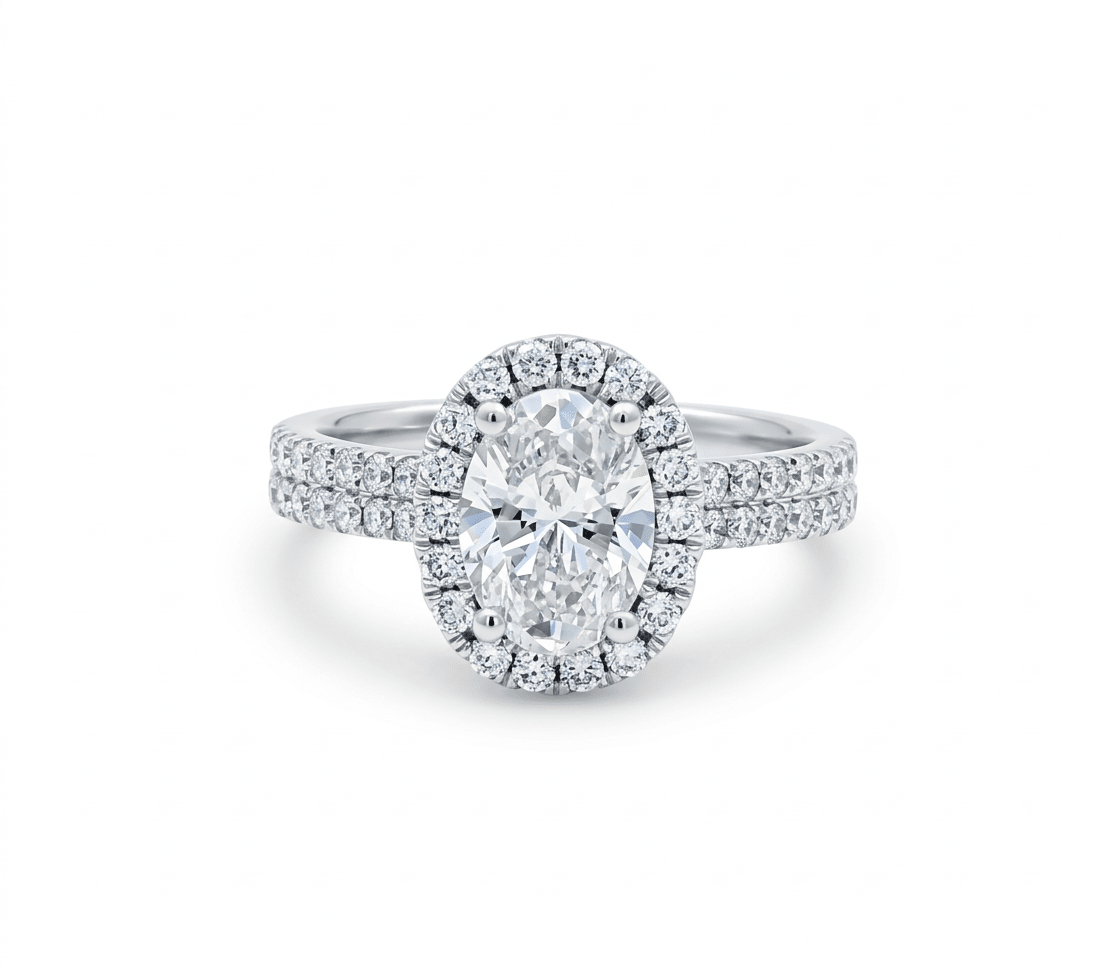 14K White Gold Oval Rings with 1.50Tw Oval Lab Diamonds and 0.78Tw Round Lab Diamonds - Miral Jewelry