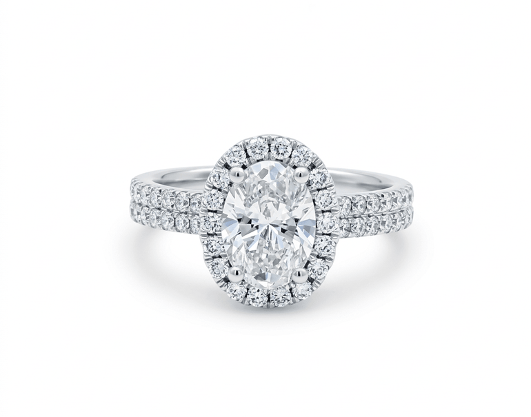 14K White Gold Oval Rings with 1.50Tw Oval Lab Diamonds and 0.78Tw Round Lab Diamonds - Miral Jewelry