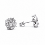 14K White Gold Round Diamond Earrings with 1.05Tw Round and Baguette Diamonds - Miral Jewelry