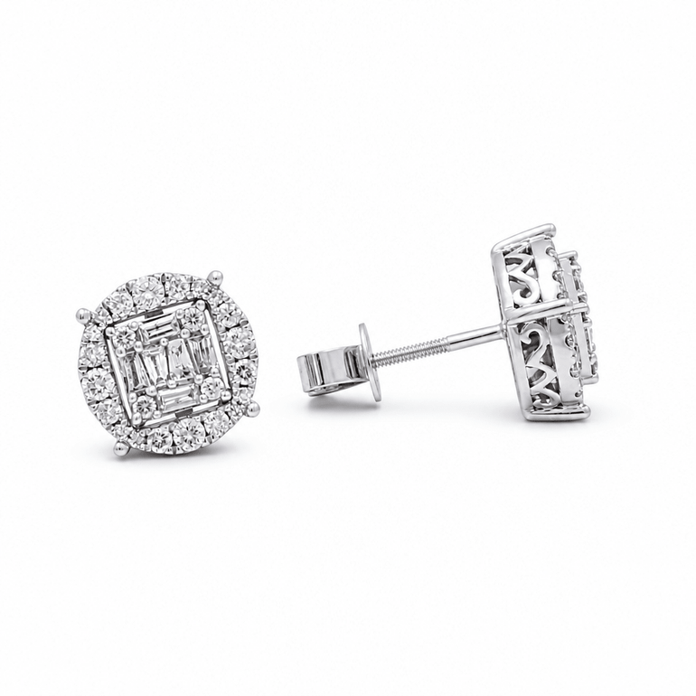 14K White Gold Round Diamond Earrings with 1.05Tw Round and Baguette Diamonds - Miral Jewelry