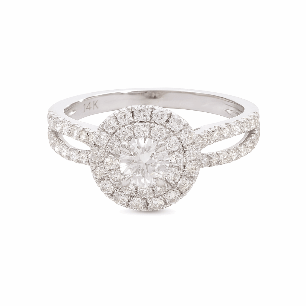 14K White Gold Split-Shank Round Halo Diamond Engagement Ring 0.94 ct tw