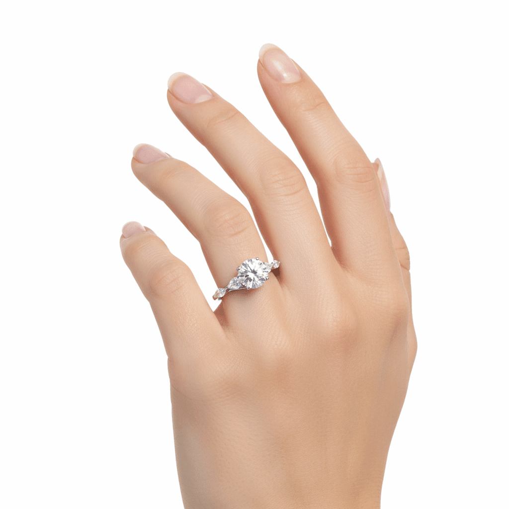 14K White Gold Round Rings with 2.00Tw Round Lab Diamonds and 0.50Tw Pear Lab Grown Diamonds - Miral Jewelry