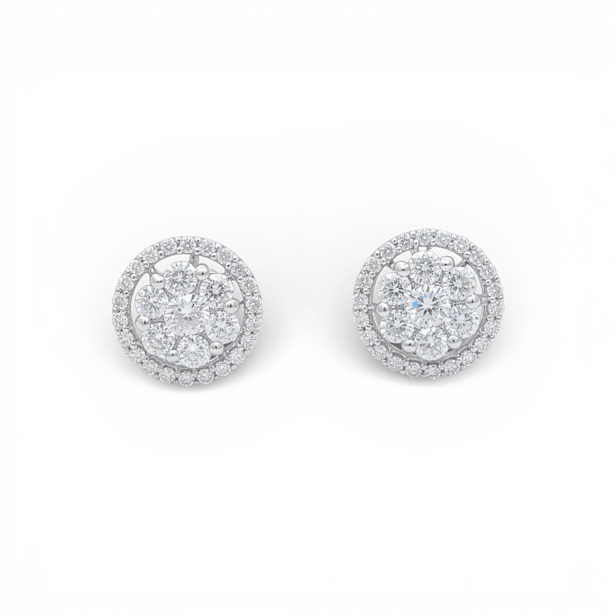 14K White Gold Round Stud Diamond Earrings with 0.86Tw Baguette Diamonds - Miral Jewelry