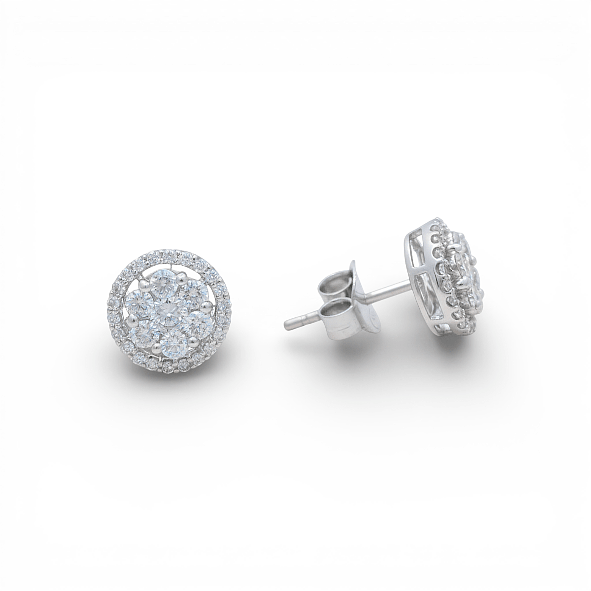 14K White Gold Round Stud Diamond Earrings with 0.86Tw Baguette Diamonds - Miral Jewelry