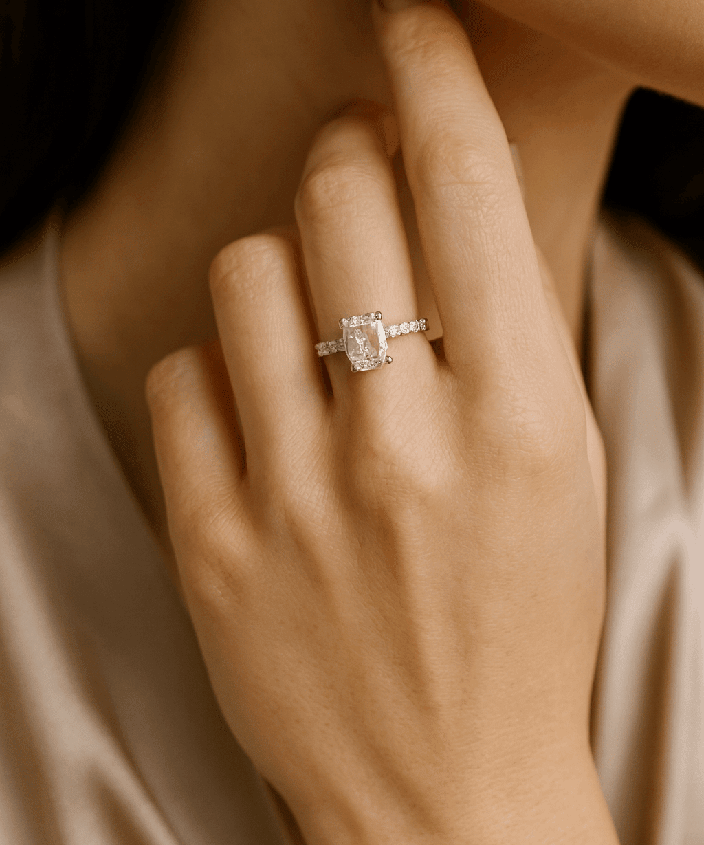 14K White Gold Solitaire Rings with 3.99Tw Emerald Lab Diamonds and Round lab Diamonds - Miral Jewelry