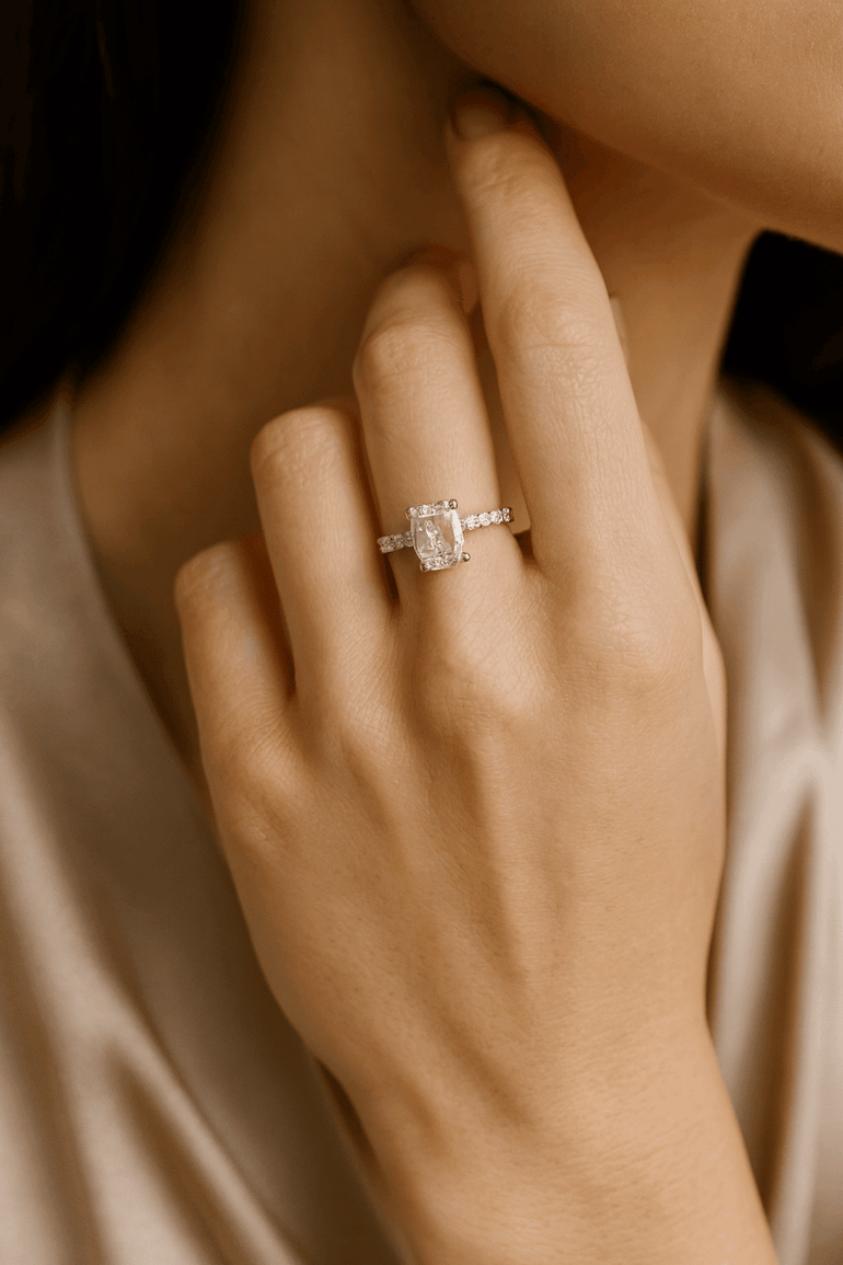 14K White Gold Solitaire Rings with 3.99Tw Emerald Lab Diamonds and Round lab Diamonds - Miral Jewelry