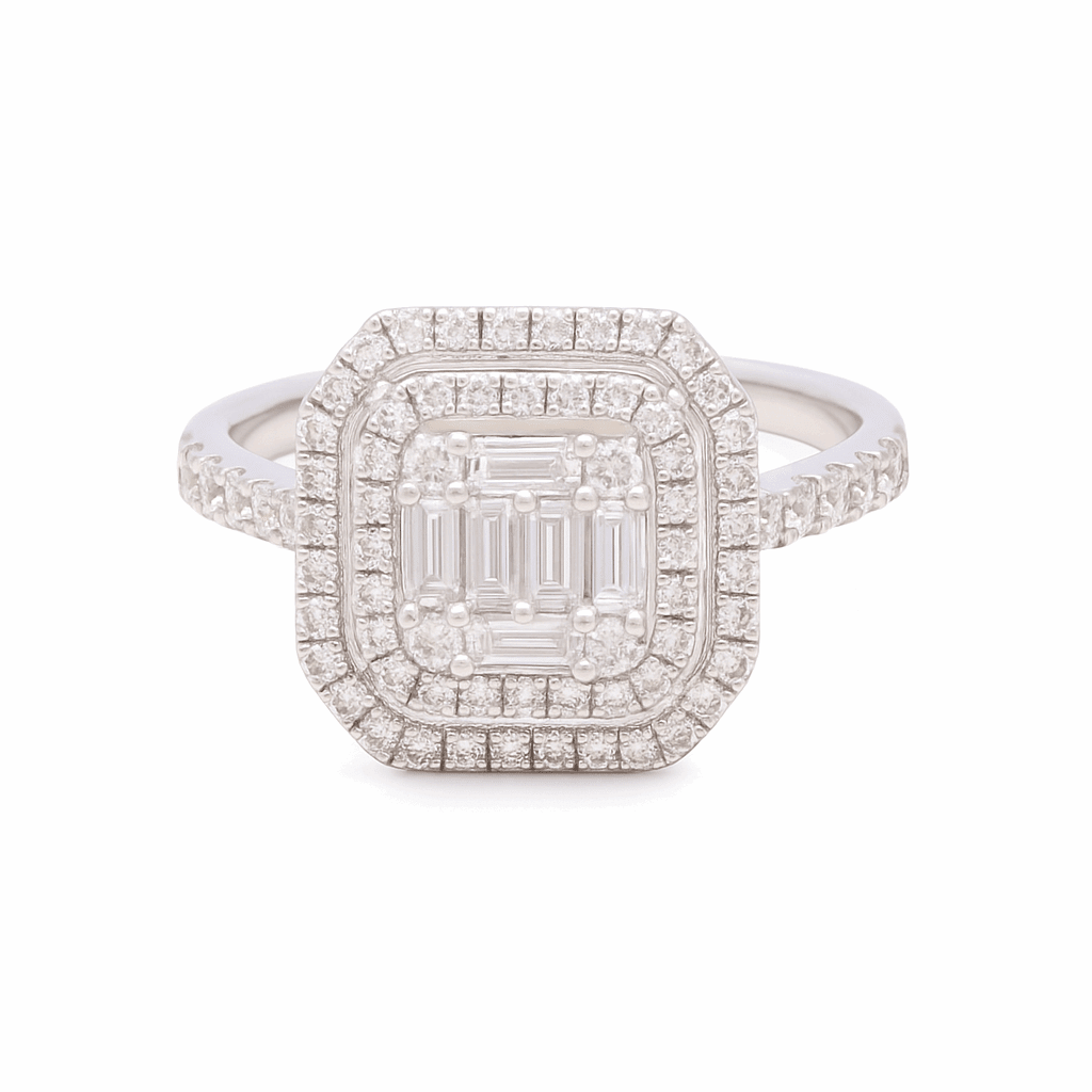 14K White Gold Square Double Halo Baguette Diamond Engagement Ring 0.93 ct tw